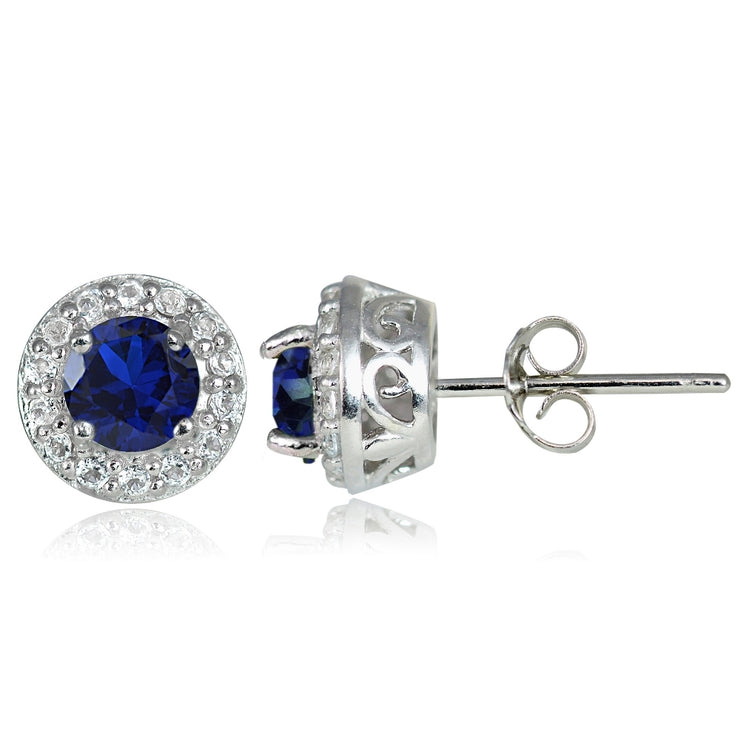 Sterling Silver 0.75ct Created Blue Sapphire & White Topaz 4mm Halo Stud Earrings