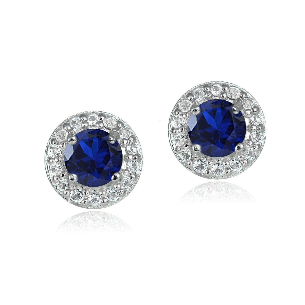 Sterling Silver 0.75ct Created Blue Sapphire & White Topaz 4mm Halo Stud Earrings-2