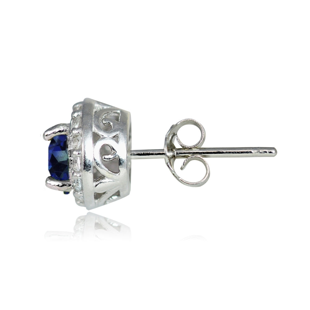 Sterling Silver 0.75ct Created Blue Sapphire & White Topaz 4mm Halo Stud Earrings-3