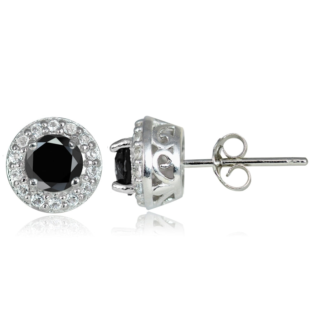 Sterling Silver 0.75ct Black Spinel & White Topaz 4mm Halo Stud Earrings