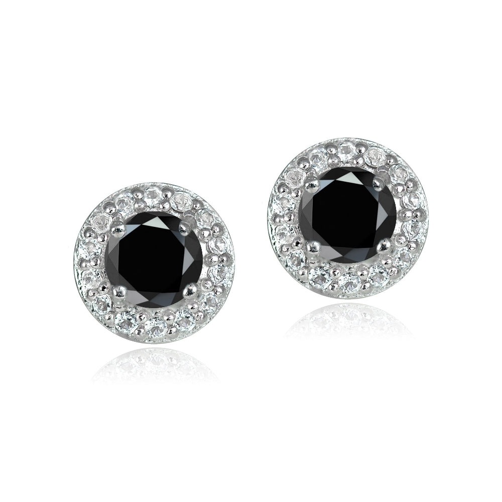 Sterling Silver 0.75ct Black Spinel & White Topaz 4mm Halo Stud Earrings-2