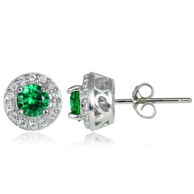 Sterling Silver 0.35ct Created Emerald & White Topaz 4mm Halo Stud Earrings
