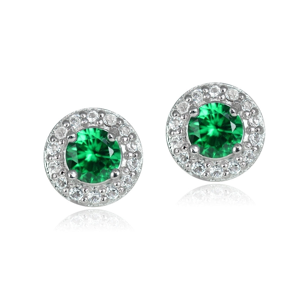 Sterling Silver 0.35ct Created Emerald & White Topaz 4mm Halo Stud Earrings-2