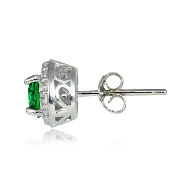 Sterling Silver 0.35ct Created Emerald & White Topaz 4mm Halo Stud Earrings