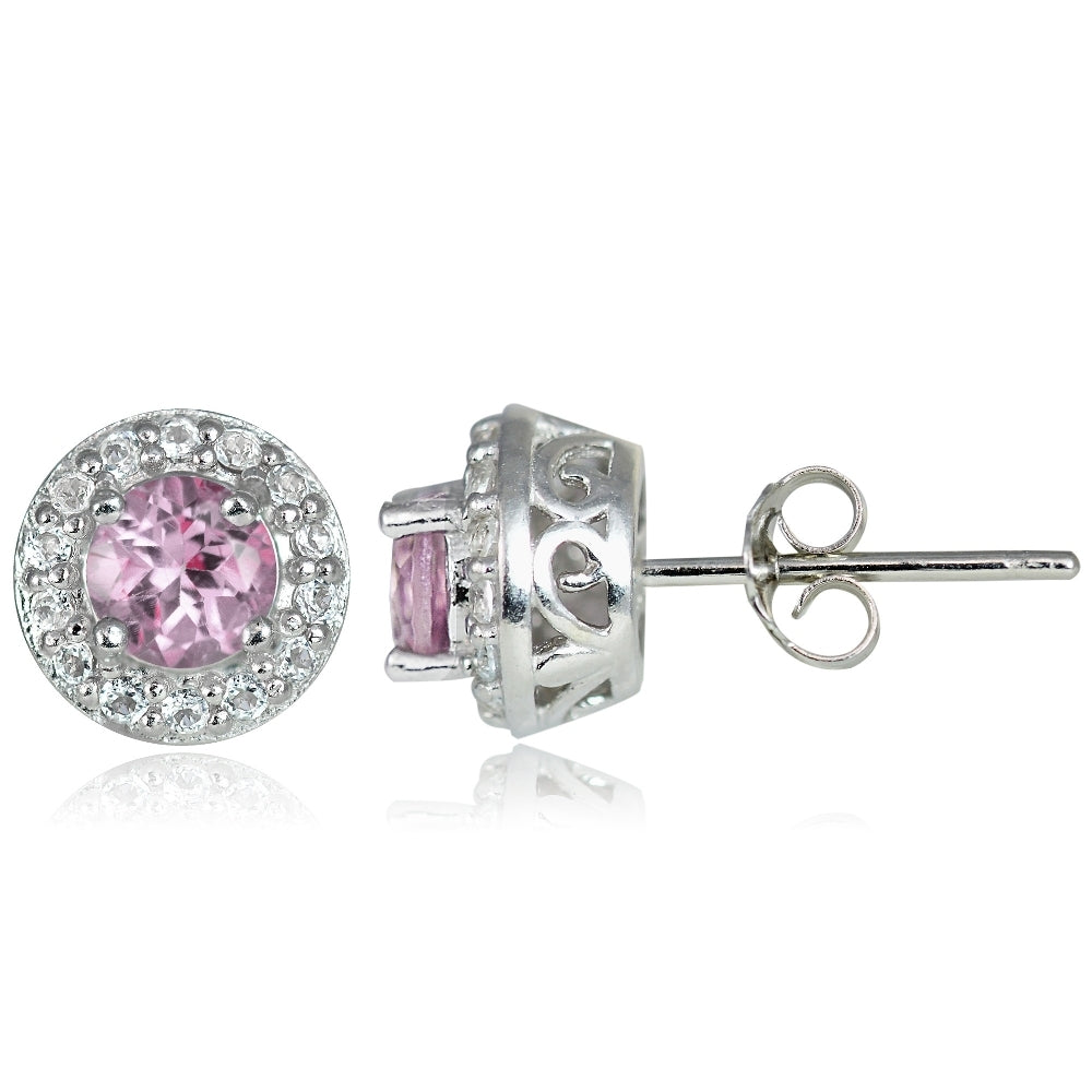 Sterling Silver 0.70ct Pink Topaz & White Topaz 4mm Halo Stud Earrings