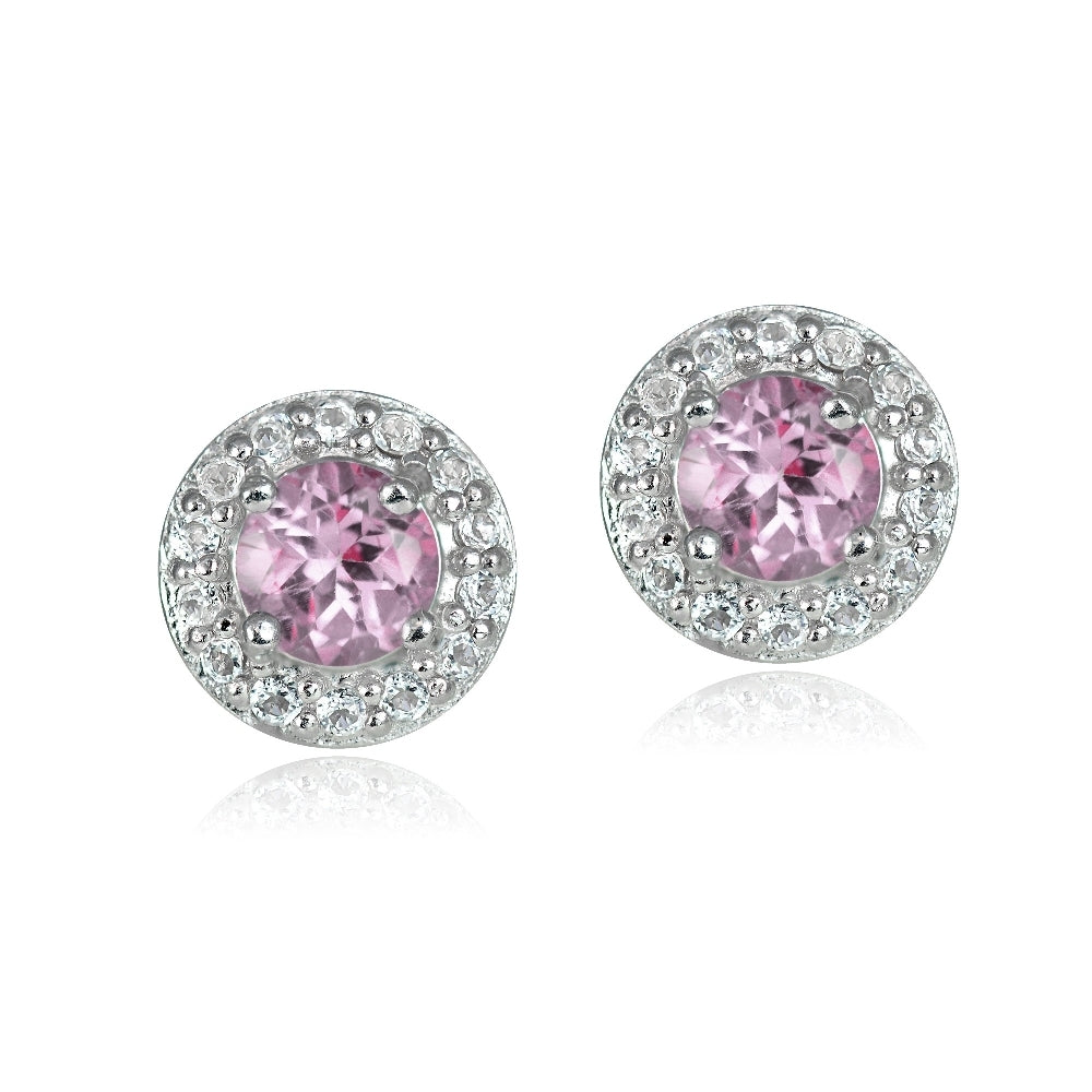 Sterling Silver 0.70ct Pink Topaz & White Topaz 4mm Halo Stud Earrings-2