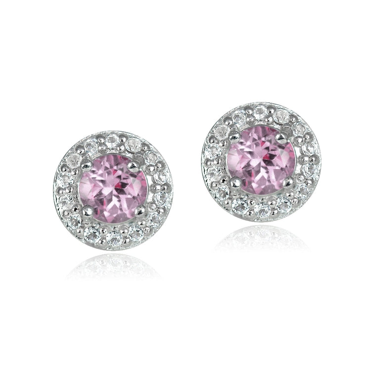 Sterling Silver 0.70ct Pink Topaz & White Topaz 4mm Halo Stud Earrings