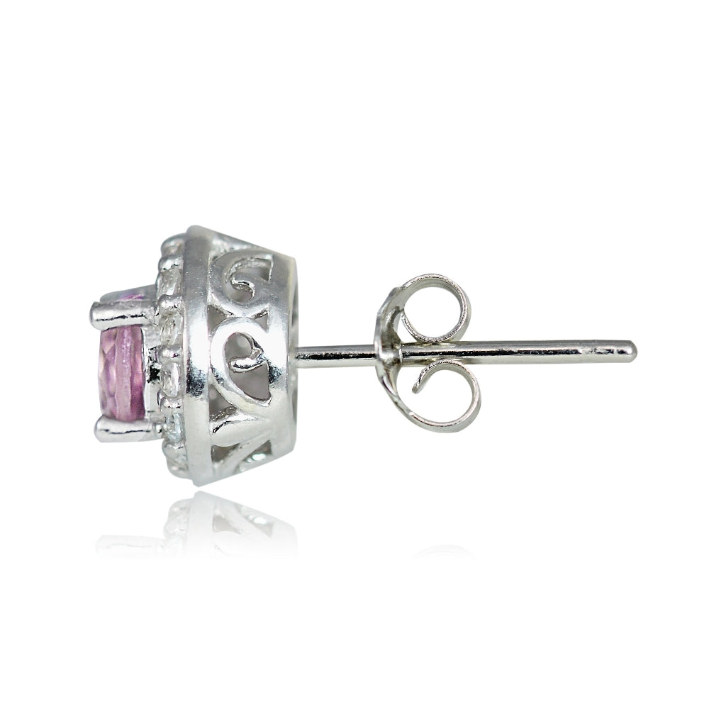 Sterling Silver 0.70ct Pink Topaz & White Topaz 4mm Halo Stud Earrings-3