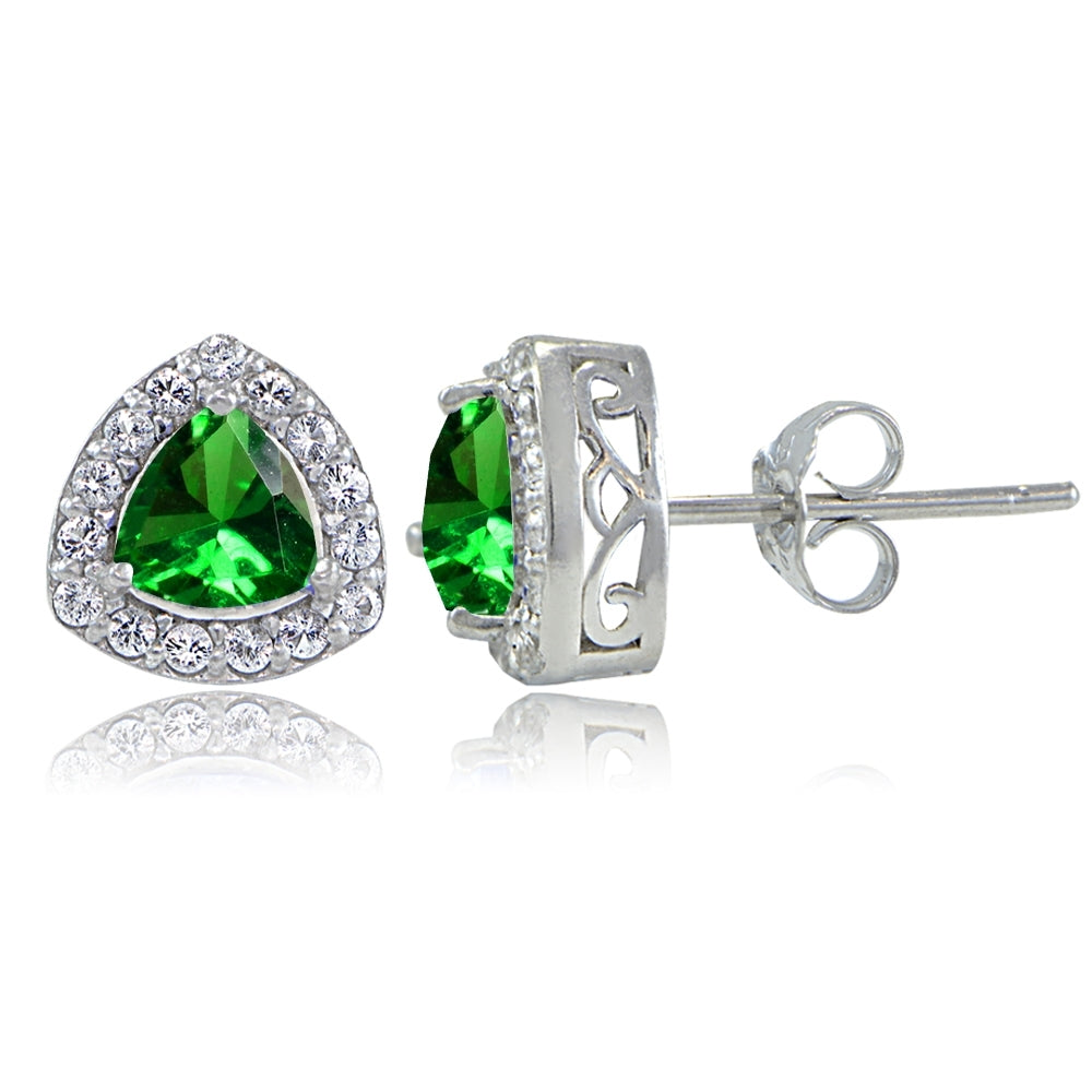 Sterling Silver Created Emerald & White Topaz Trillion-Cut Stud Earrings