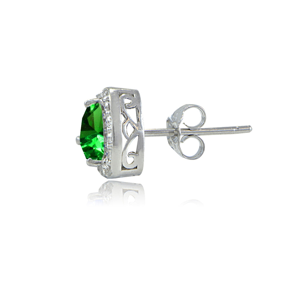 Sterling Silver Created Emerald & White Topaz Trillion-Cut Stud Earrings-2