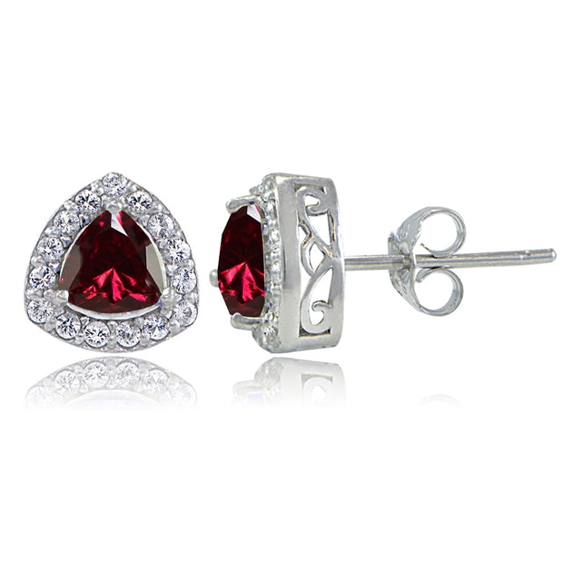 Sterling Silver Created Ruby & White Topaz Trillion-Cut Stud Earrings