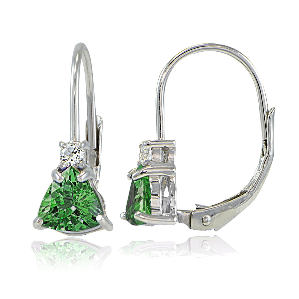 Sterling Silver Created Emerald & White Topaz Trillion-Cut Leverback Drop Earrings