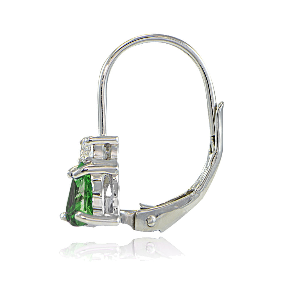 Sterling Silver Created Emerald & White Topaz Trillion-Cut Leverback Drop Earrings-2
