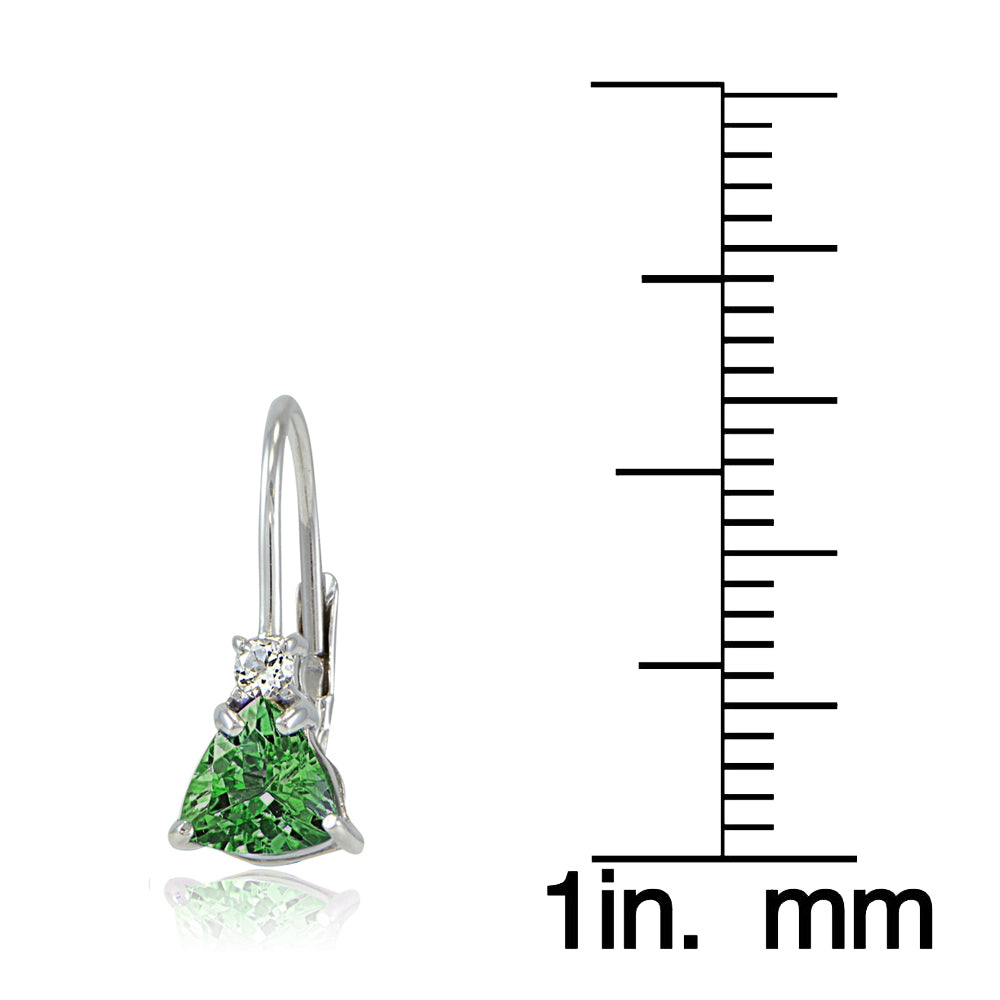 Sterling Silver Created Emerald & White Topaz Trillion-Cut Leverback Drop Earrings-3