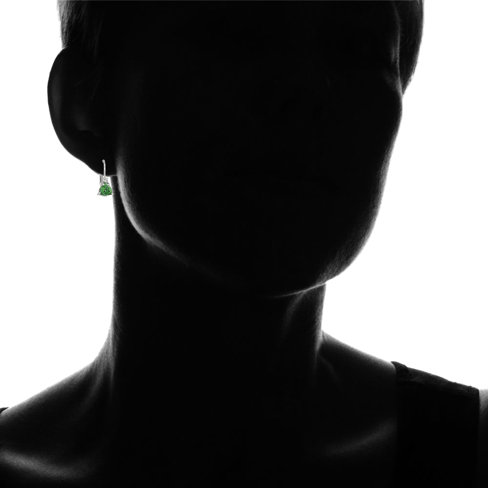 Sterling Silver Created Emerald & White Topaz Trillion-Cut Leverback Drop Earrings-4