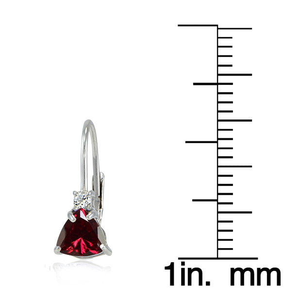 Sterling Silver Created Ruby & White Topaz Trillion-Cut Leverback Drop Earrings