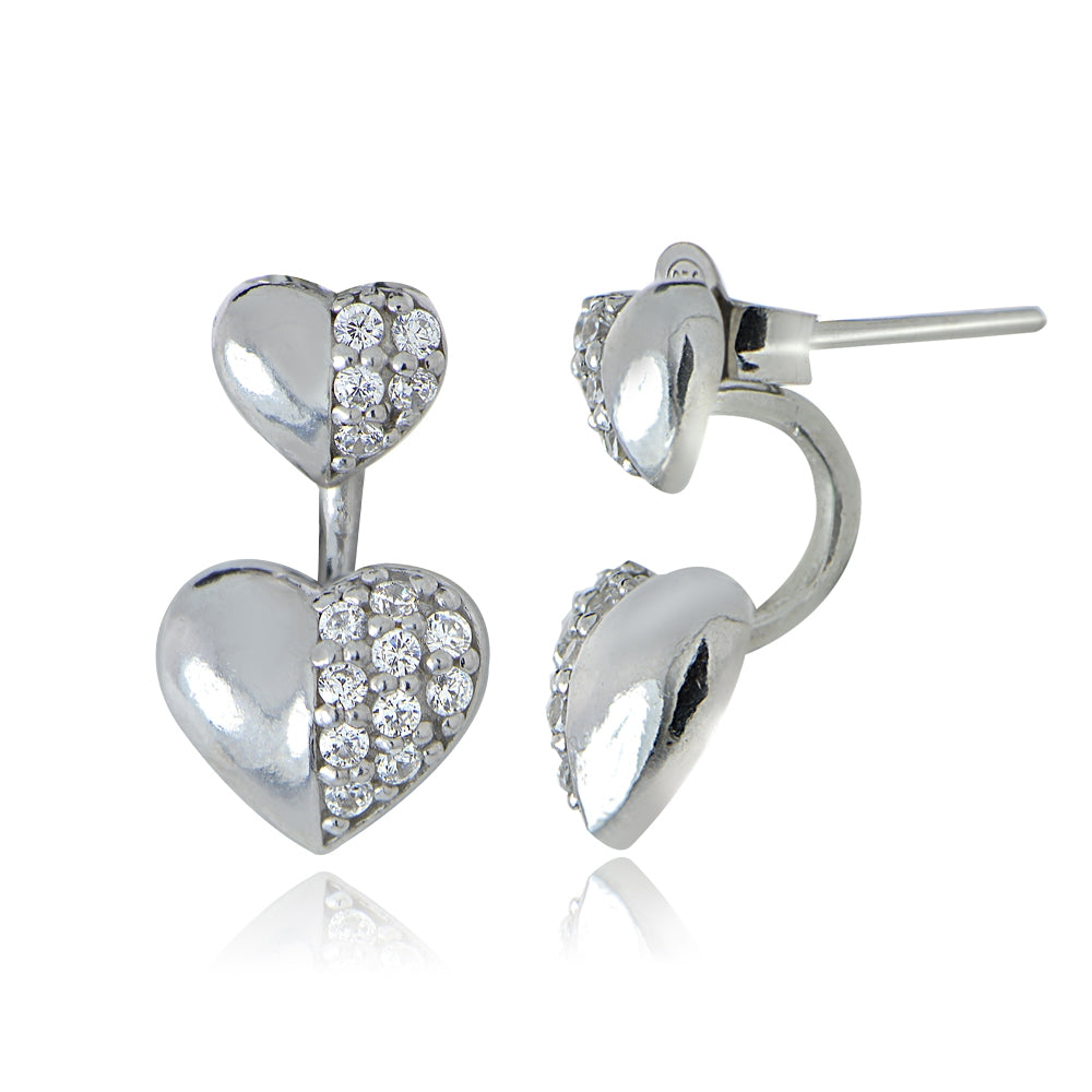 Sterling Silver Cubic Zirconia Front-Back Heart Earrings-4