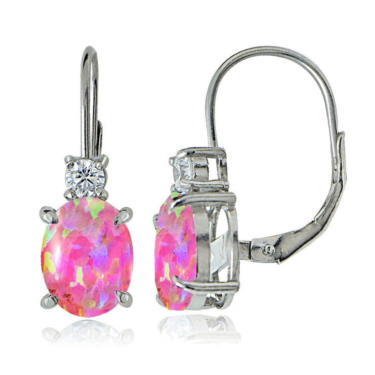 Sterling Silver White Topaz and Created Pink Opal Leverback Earrings