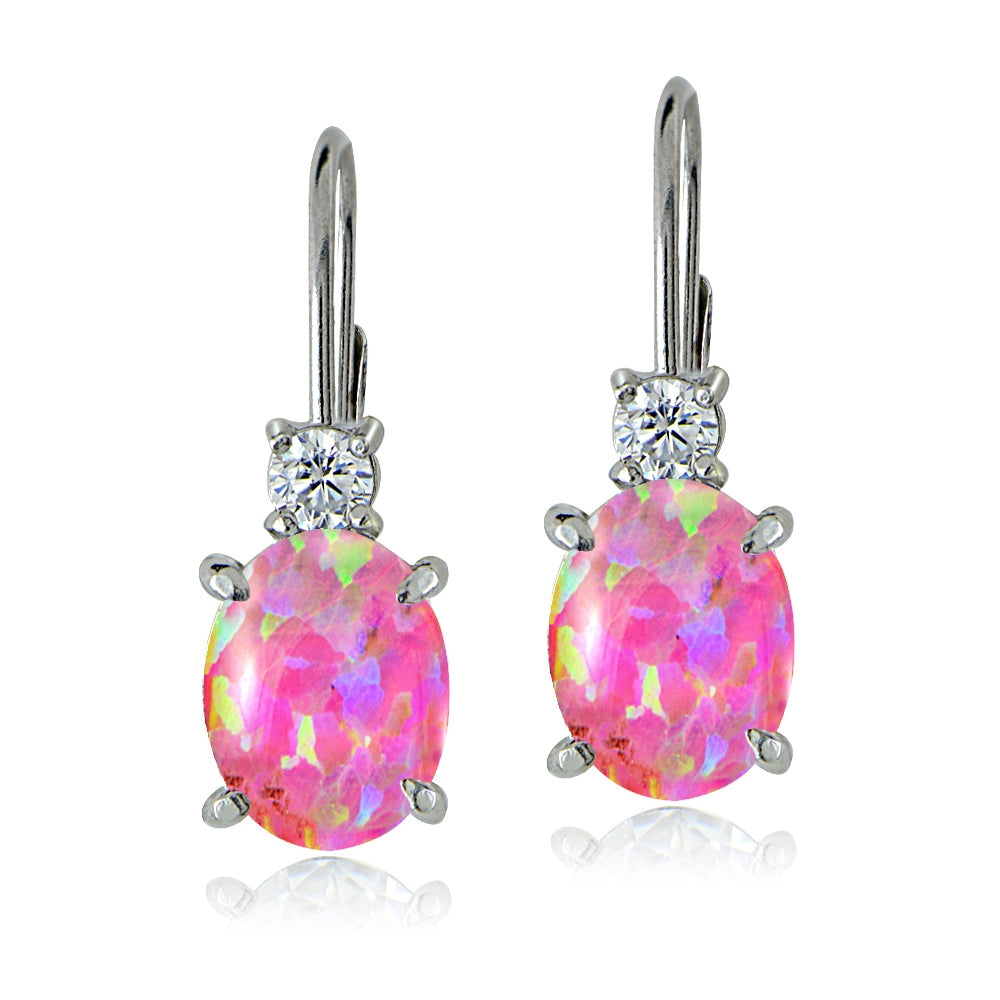 Sterling Silver White Topaz and Created Pink Opal Leverback Earrings-2