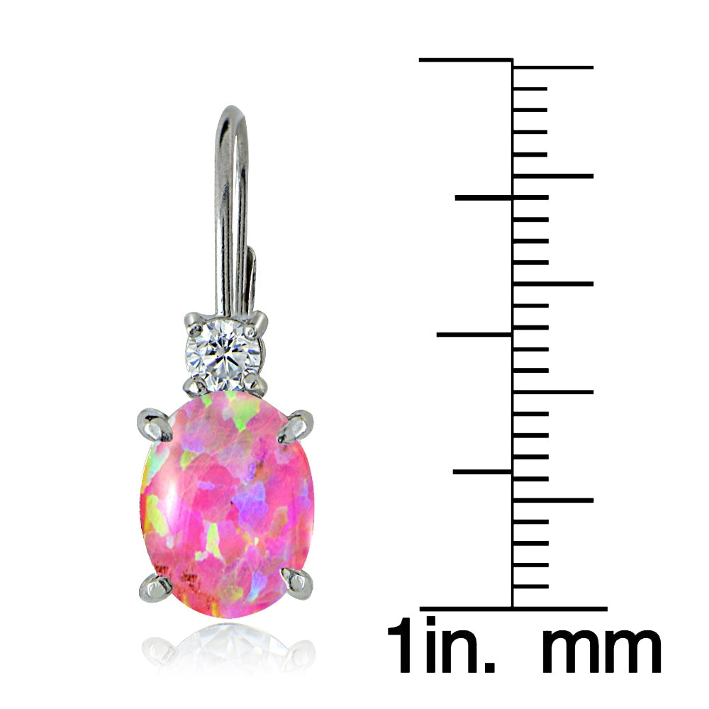 Sterling Silver White Topaz and Created Pink Opal Leverback Earrings-3
