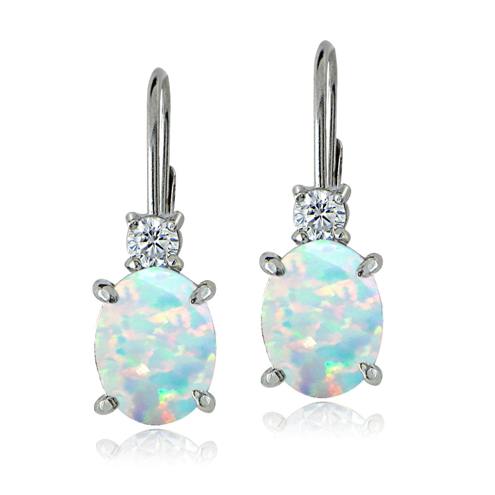 Sterling Silver White Topaz and Created Opal Leverback Earrings-2