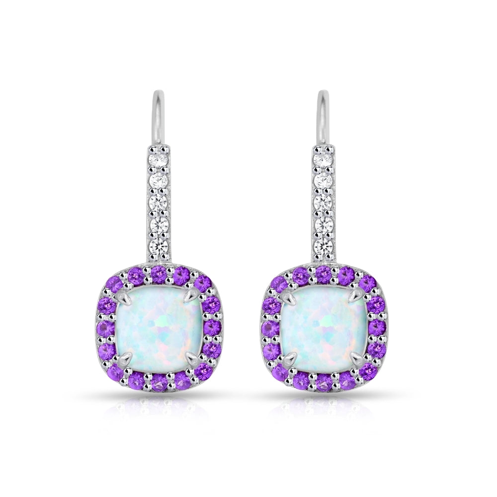 Sterling Silver Created White Opal & Amethyst Cushion-cut  Halo Leverback Earrings