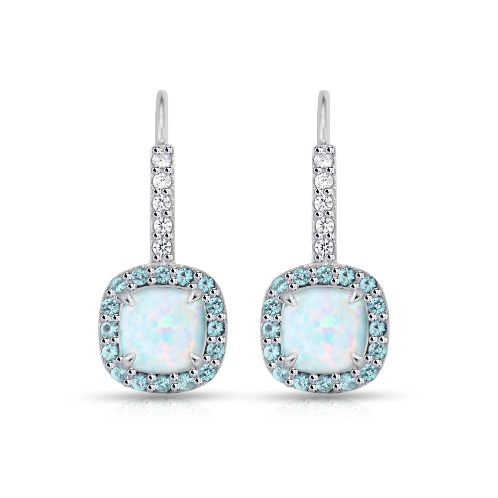 Sterling Silver Created White Opal & Blue Topaz Cushion-cut  Halo Leverback Earrings