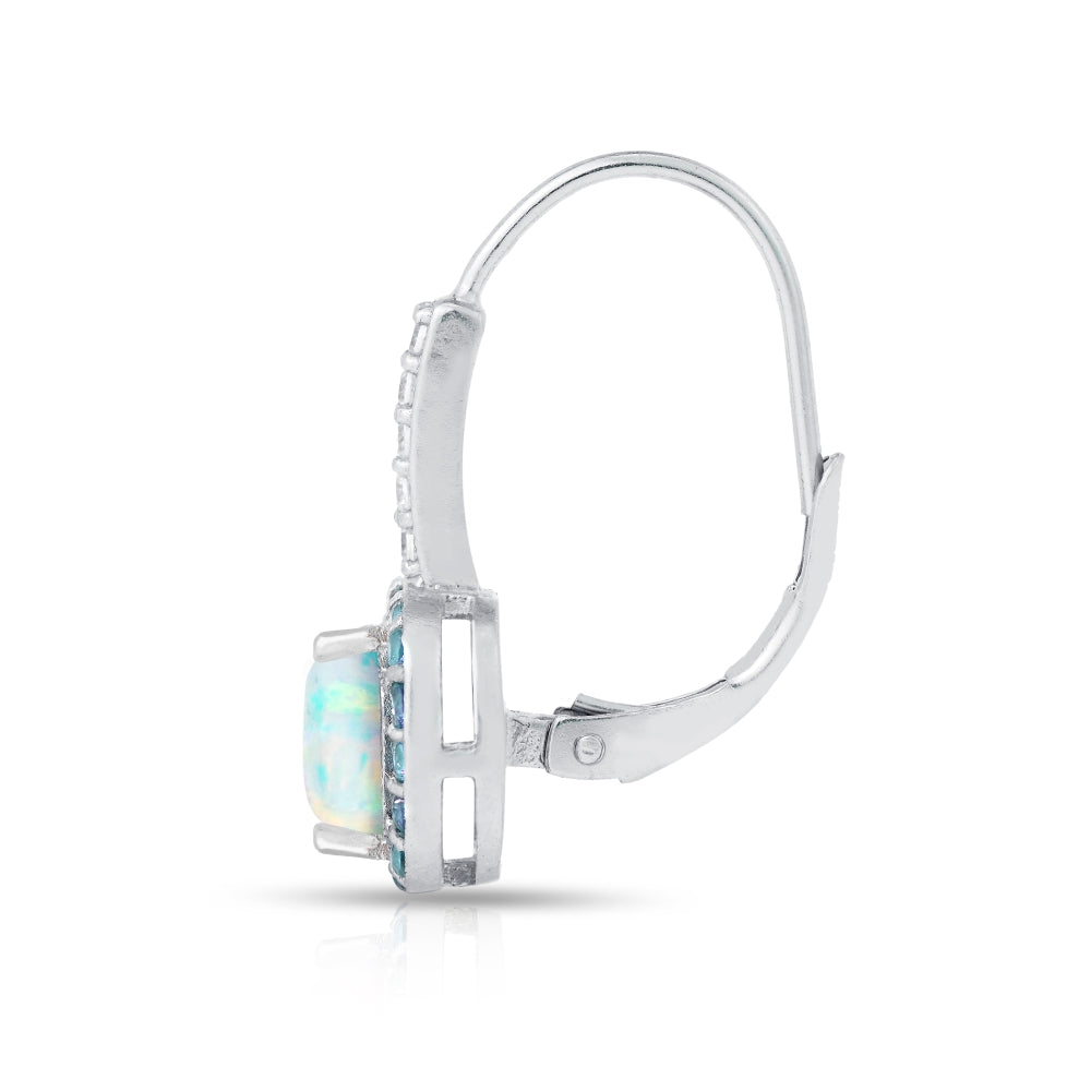 Sterling Silver Created White Opal & Blue Topaz Cushion-cut  Halo Leverback Earrings-3
