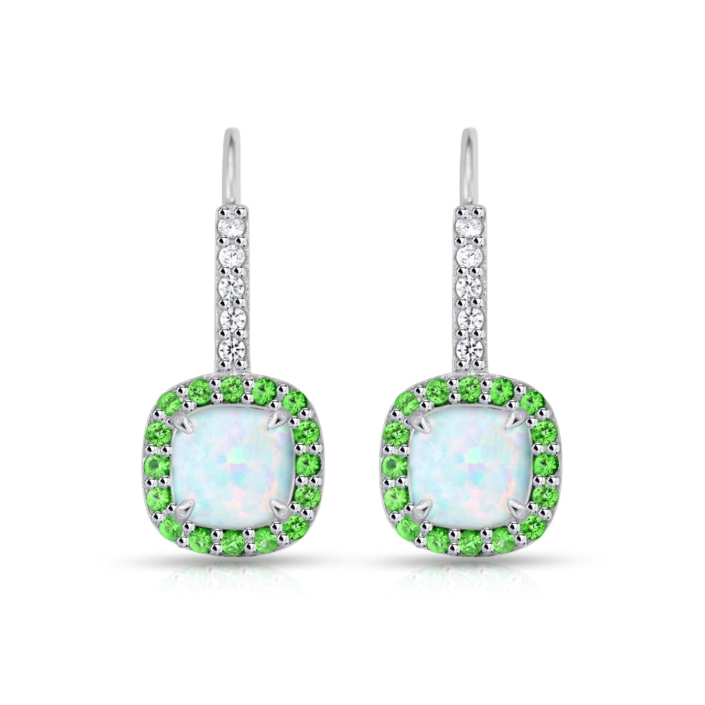 Sterling Silver Created White Opal & Emerald Cushion-cut  Halo Leverback Earrings