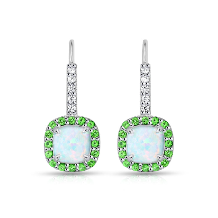 Sterling Silver Created White Opal & Emerald Cushion-cut  Halo Leverback Earrings