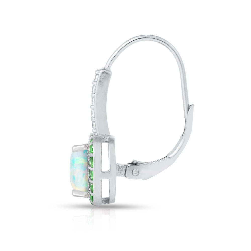 Sterling Silver Created White Opal & Emerald Cushion-cut  Halo Leverback Earrings-3