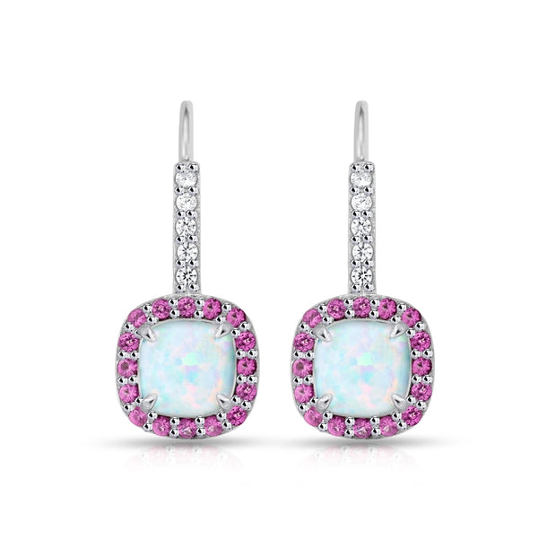 Sterling Silver Created White Opal & Ruby Cushion-cut  Halo Leverback Earrings