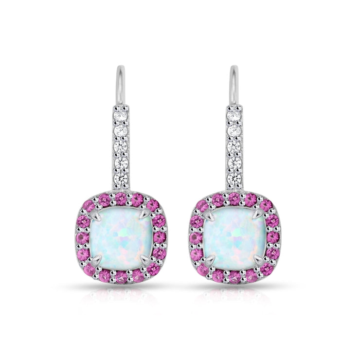Sterling Silver Created White Opal & Ruby Cushion-cut  Halo Leverback Earrings