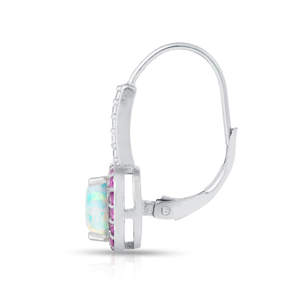 Sterling Silver Created White Opal & Ruby Cushion-cut  Halo Leverback Earrings-3