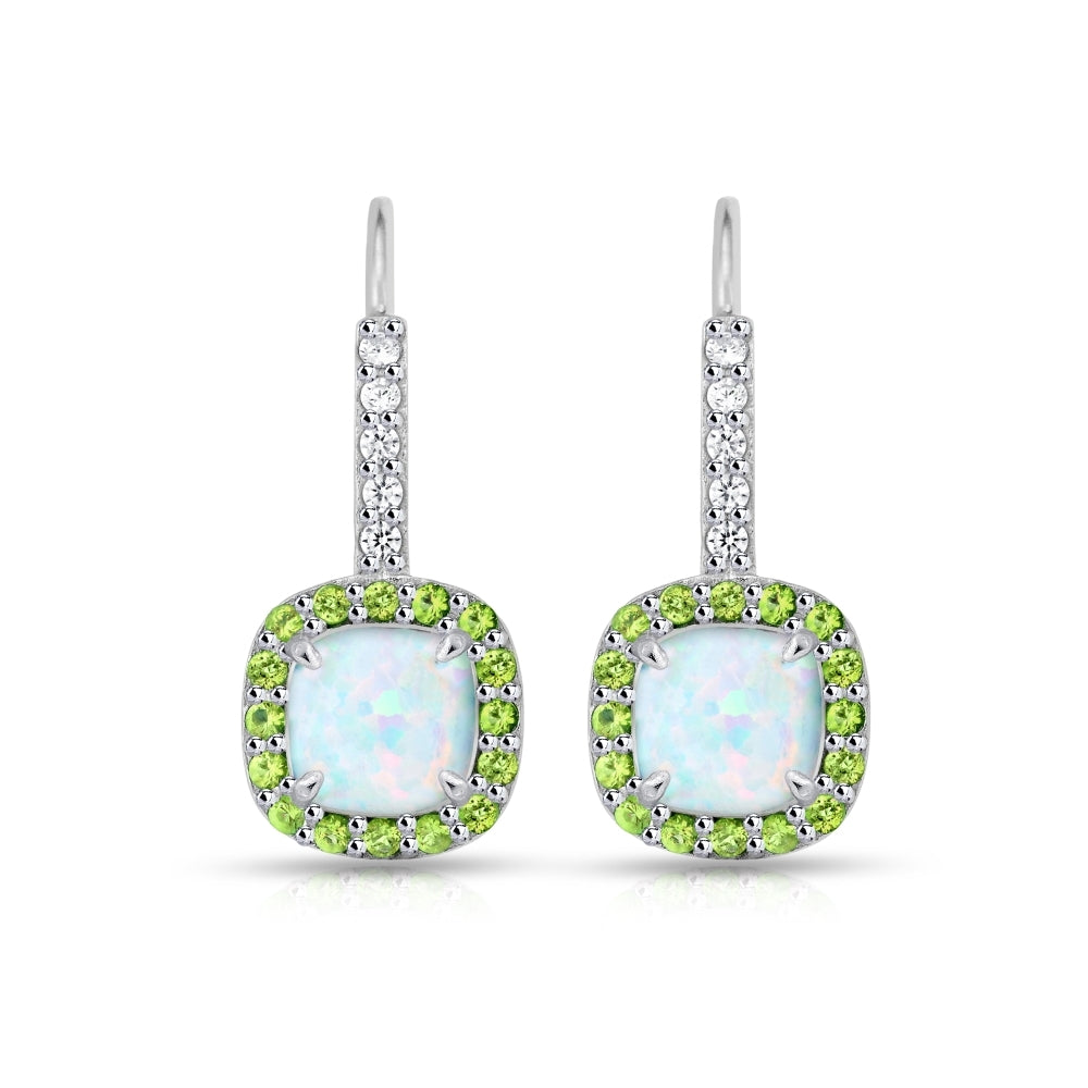 Sterling Silver Created White Opal & Peridot Cushion-cut  Halo Leverback Earrings