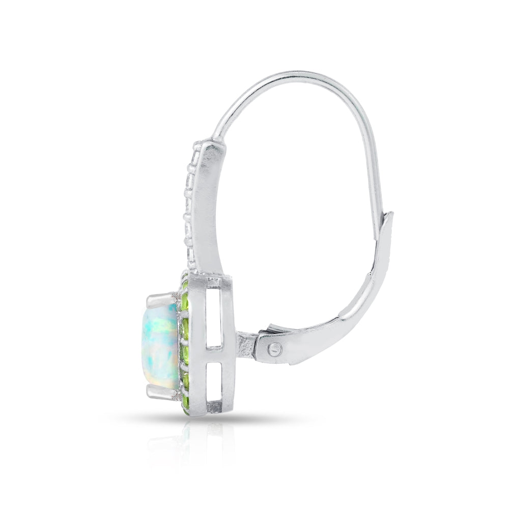 Sterling Silver Created White Opal & Peridot Cushion-cut  Halo Leverback Earrings-3