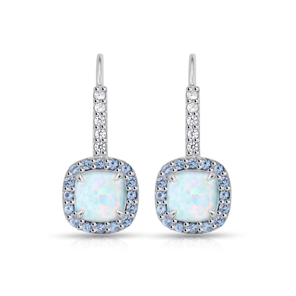 Sterling Silver Created White Opal & Tanzanite Cushion-cut  Halo Leverback Earrings