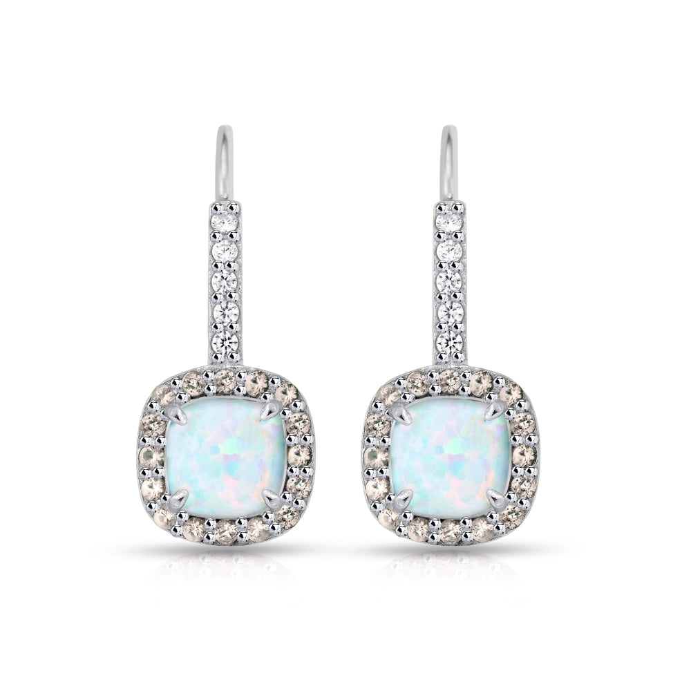 Sterling Silver Created White Opal & Morganite Cushion-cut  Halo Leverback Earrings
