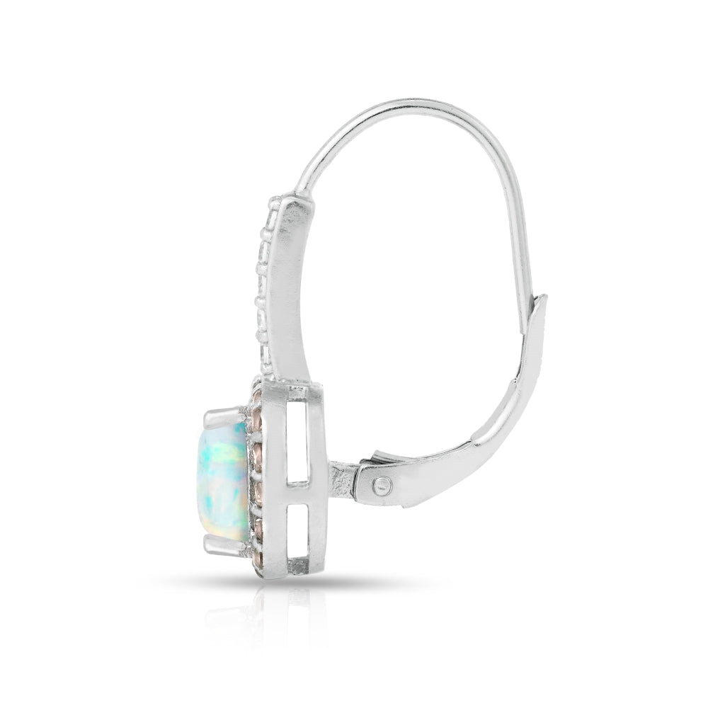 Sterling Silver Created White Opal & Morganite Cushion-cut  Halo Leverback Earrings-3