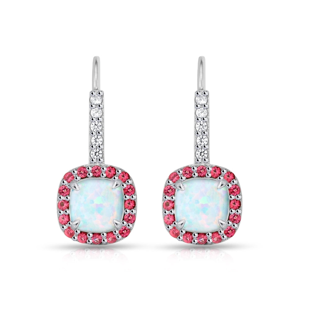 Sterling Silver Created White Opal & Garnet Cushion-cut  Halo Leverback Earrings