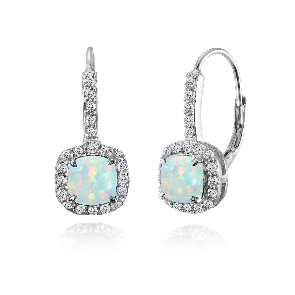 Sterling Silver Created White Opal & White Topaz Cushion-cut Leverback Earrings
