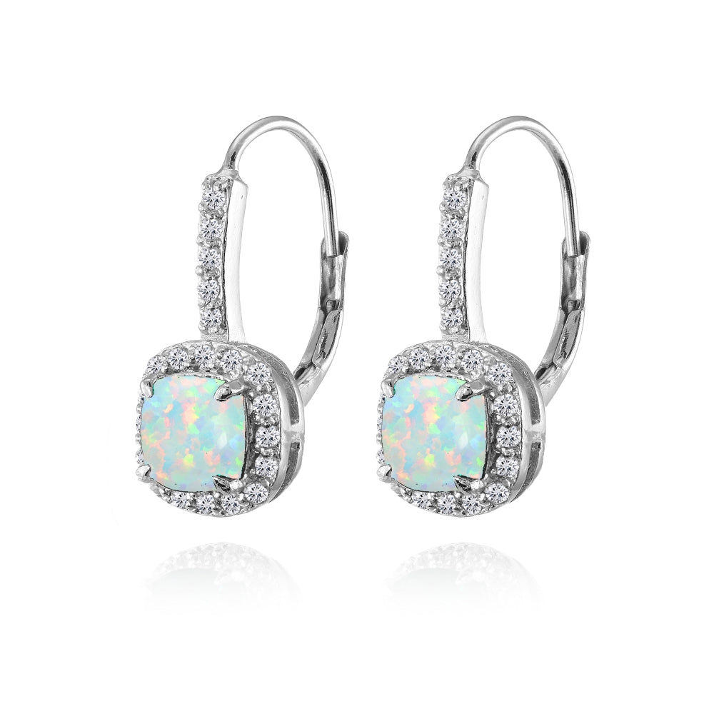 Sterling Silver Created White Opal & White Topaz Cushion-cut Leverback Earrings-3