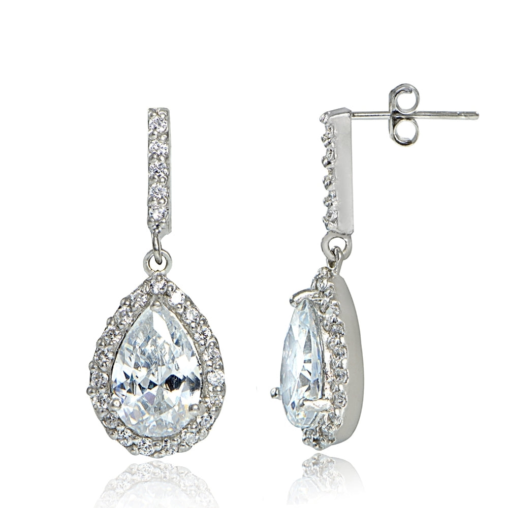 Sterling Silver Cubic Zirconia Teardrop Dangle Earrings-2
