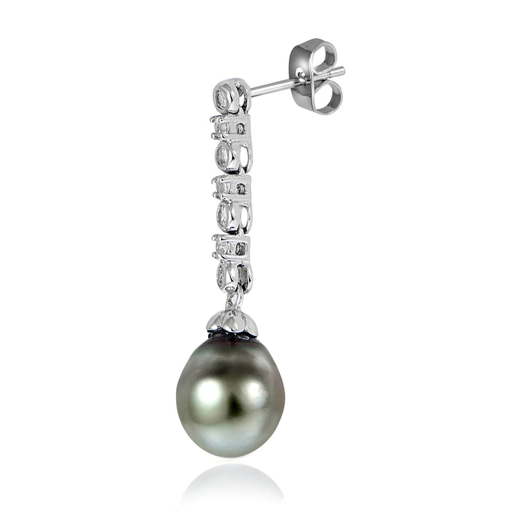 Haute Jewels Sterling Silver 11mm Tahitian Cultured Pearl & White Topaz Line Dangle Earrings