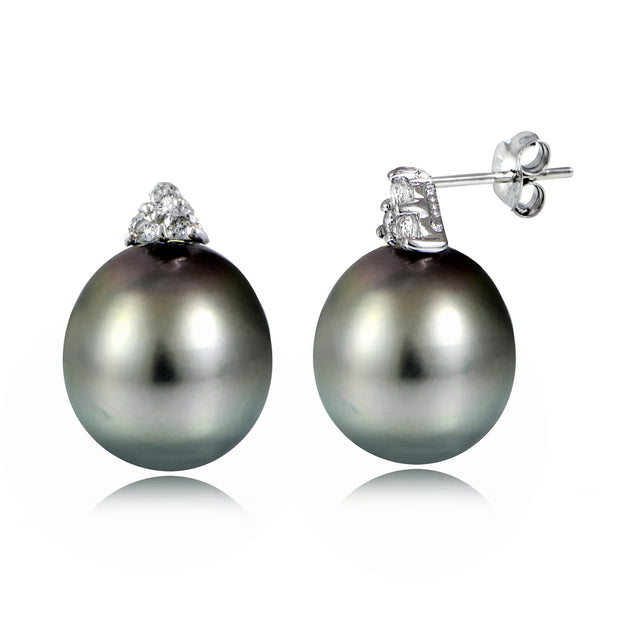 Haute Jewels Sterling Silver 11mm Tahitian Cultured Pearl & White Topaz Stud Earrings