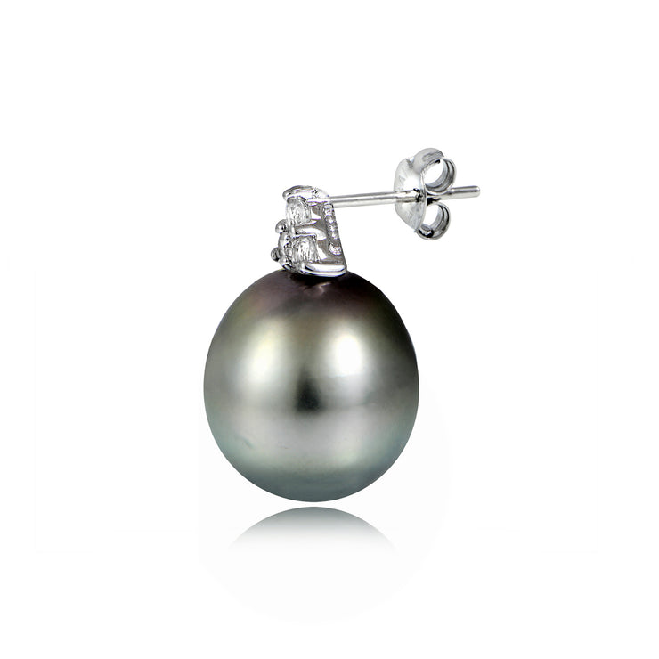 Haute Jewels Sterling Silver 11mm Tahitian Cultured Pearl & White Topaz Stud Earrings