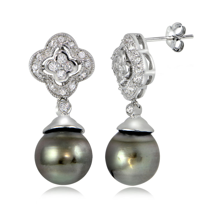 Haute Jewels Sterling Silver 11mm Tahitian Cultured Pearl & White Topaz Floral Earrings
