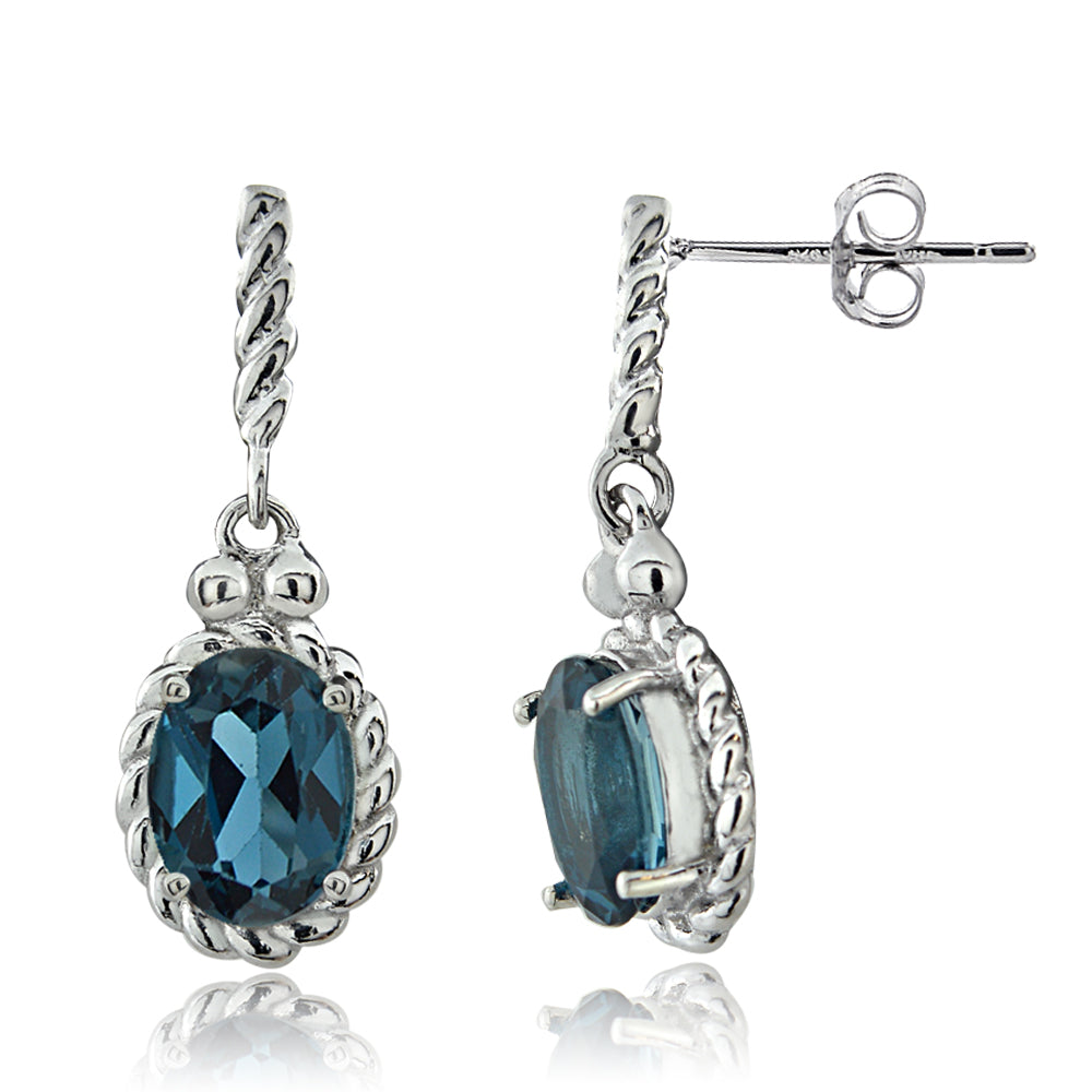 Sterling Silver Oval London Blue Topaz with Braided Link Dangle Earrings