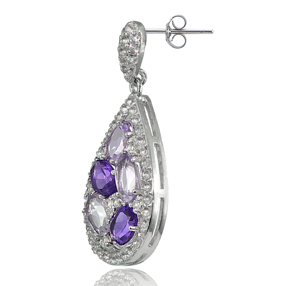 Sterling Silver African Amethyst, Amethyst and White Topaz Teardrop Cluster Tonal Earrings-2