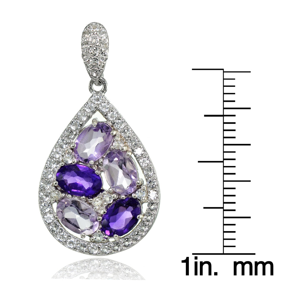 Sterling Silver African Amethyst, Amethyst and White Topaz Teardrop Cluster Tonal Earrings-3